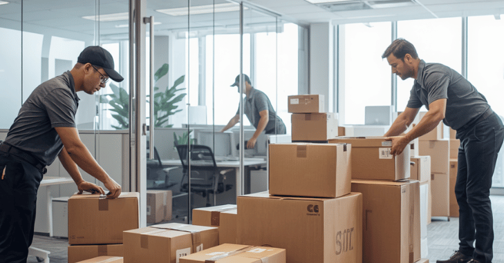 Removals team relocating office furniture and IT
