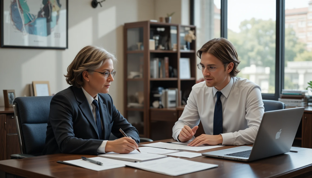 Disability benefits solicitor advising a seated client