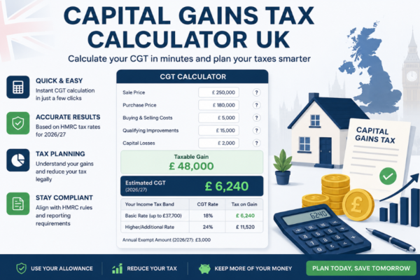 Capital Gains Tax Calculator UK: The Complete 2026 Guide to Calculating CGT, HMRC Tax Rates, Property Sales, Annual Allowance, Reliefs, and Smart Tax Planning