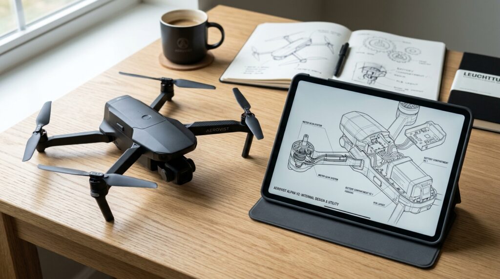 Drone beside a tablet showing technical drawings