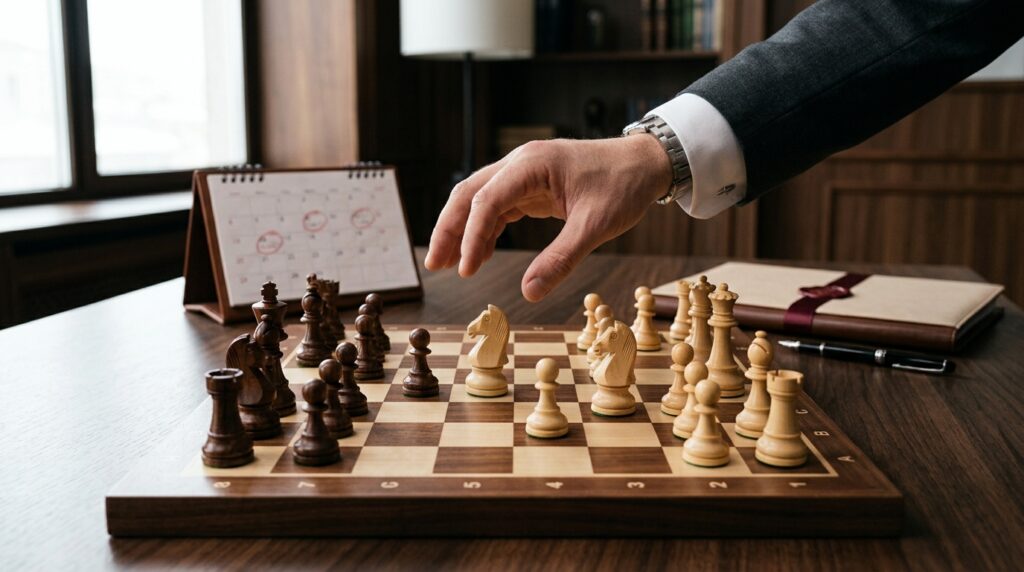 Hand moving a chess piece to signal patent strategy