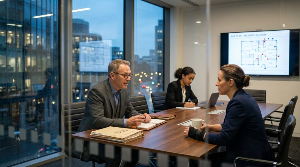 Solicitor and client discussing a premises liability claim