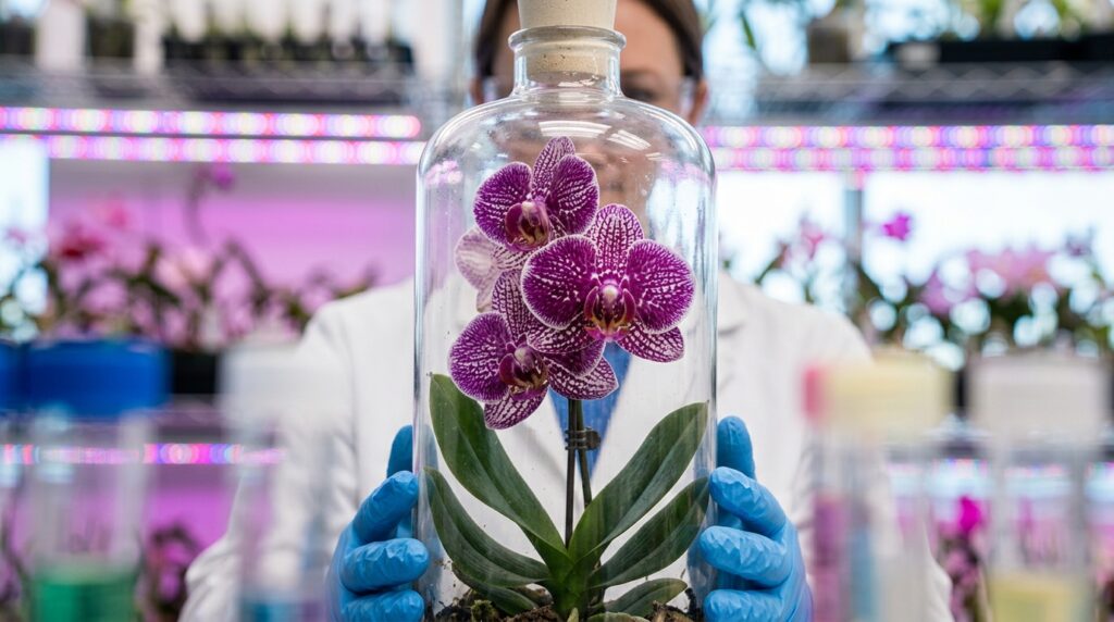 Scientist examining a hybrid plant in a laboratory