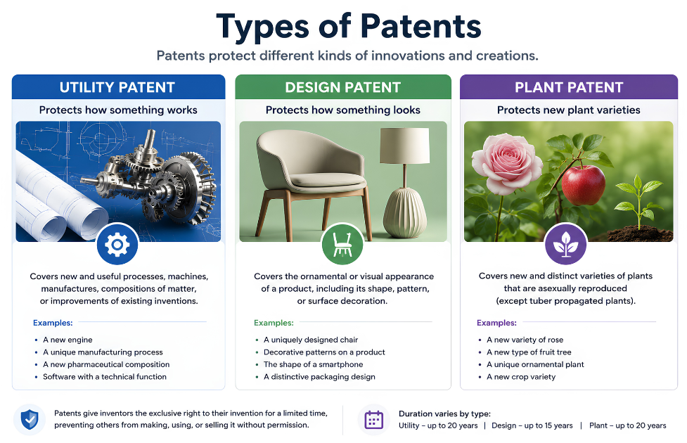 Types of Patents: The Complete 2026 Guide to Utility, Design, and Plant Patents, Filing Process, Costs, Benefits, and How to Choose the Right Patent
