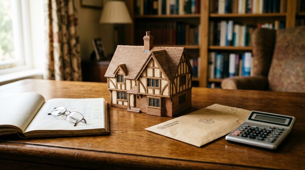 Wooden house model next to an HMRC envelope